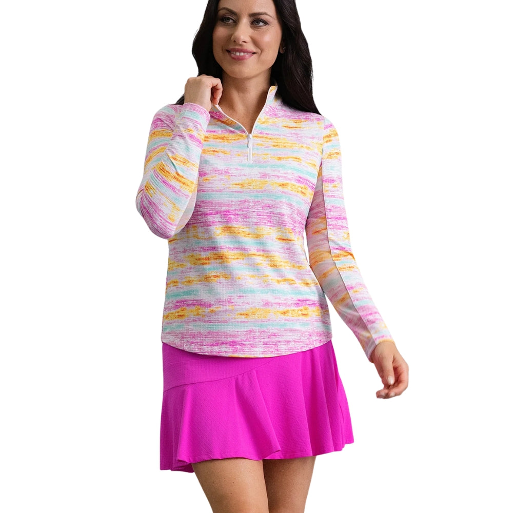 Ibkul Ladies Gia Print Long Sleeve Mock Polo - Hot Pink Multi