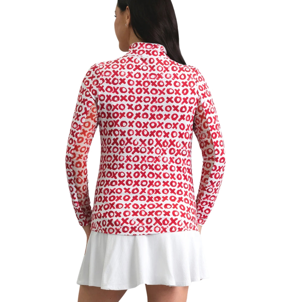 Ibkul Ladies Hugs & Kisses Print Long Sleeve Mock Polo - Red
