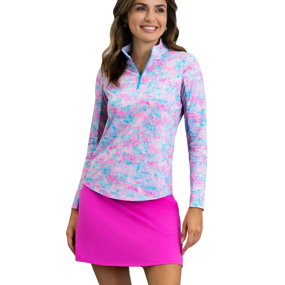 Ibkul Ladies Kate Essential Long Sleeve Mock Polo - Hot Pink/Turquoise
