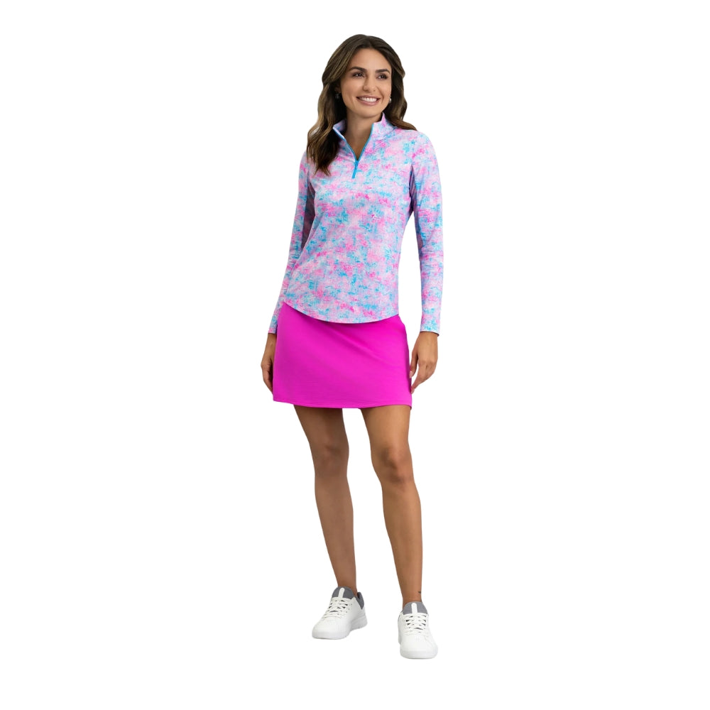 Ibkul Ladies Kate Essential Long Sleeve Mock Polo - Hot Pink/Turquoise
