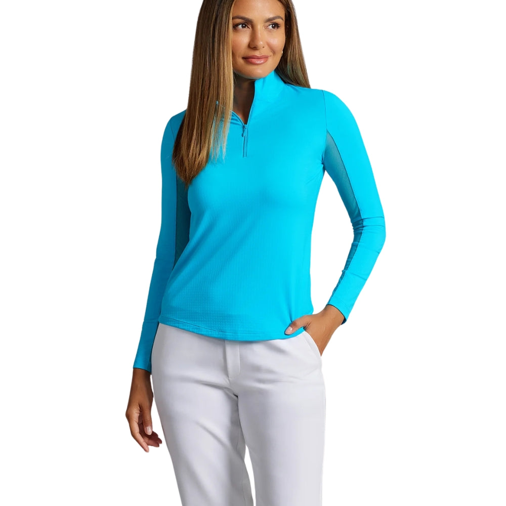 Ibkul Ladies Long Sleeve Mock Polo - Turquoise