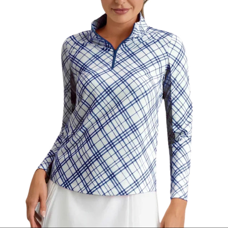 Ibkul Ladies Tony Plaid Long Sleeve Mock Polo