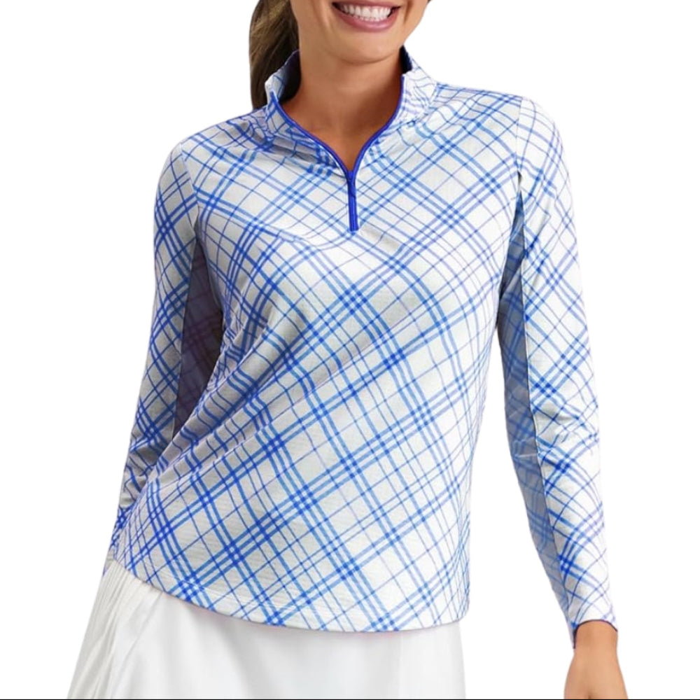 Ibkul Ladies Tony Plaid Long Sleeve Mock Polo - Blue/White