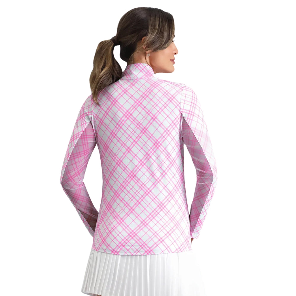 Ibkul Ladies Tony Plaid Long Sleeve Mock Polo - Hot Pink/White