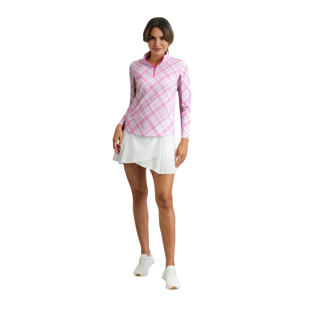 Ibkul Ladies Tony Plaid Long Sleeve Mock Polo - Hot Pink/White