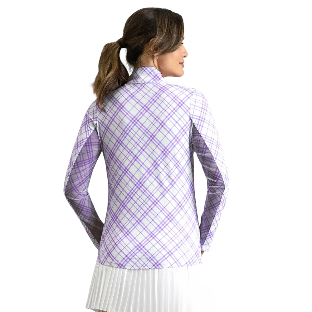 Ibkul Ladies Tony Plaid Long Sleeve Mock Polo - Lavender/White