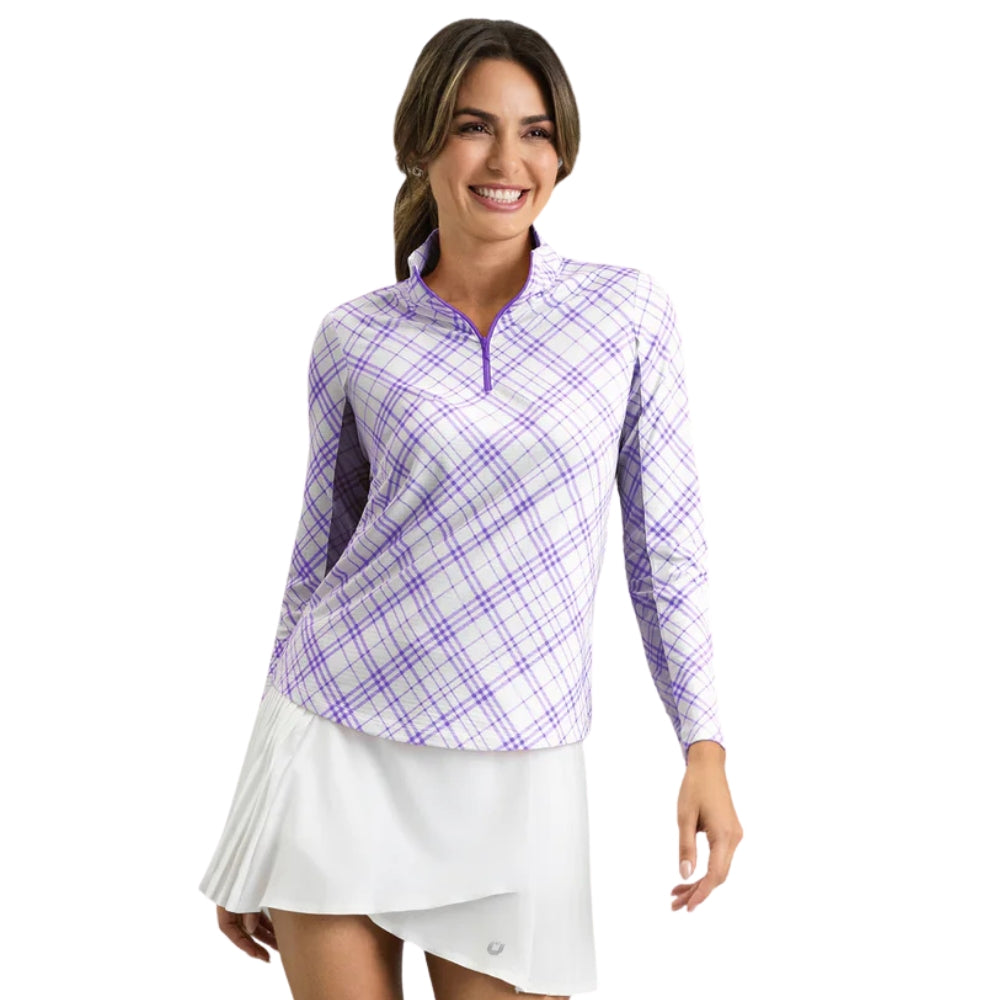 Ibkul Ladies Tony Plaid Long Sleeve Mock Polo - Lavender/White