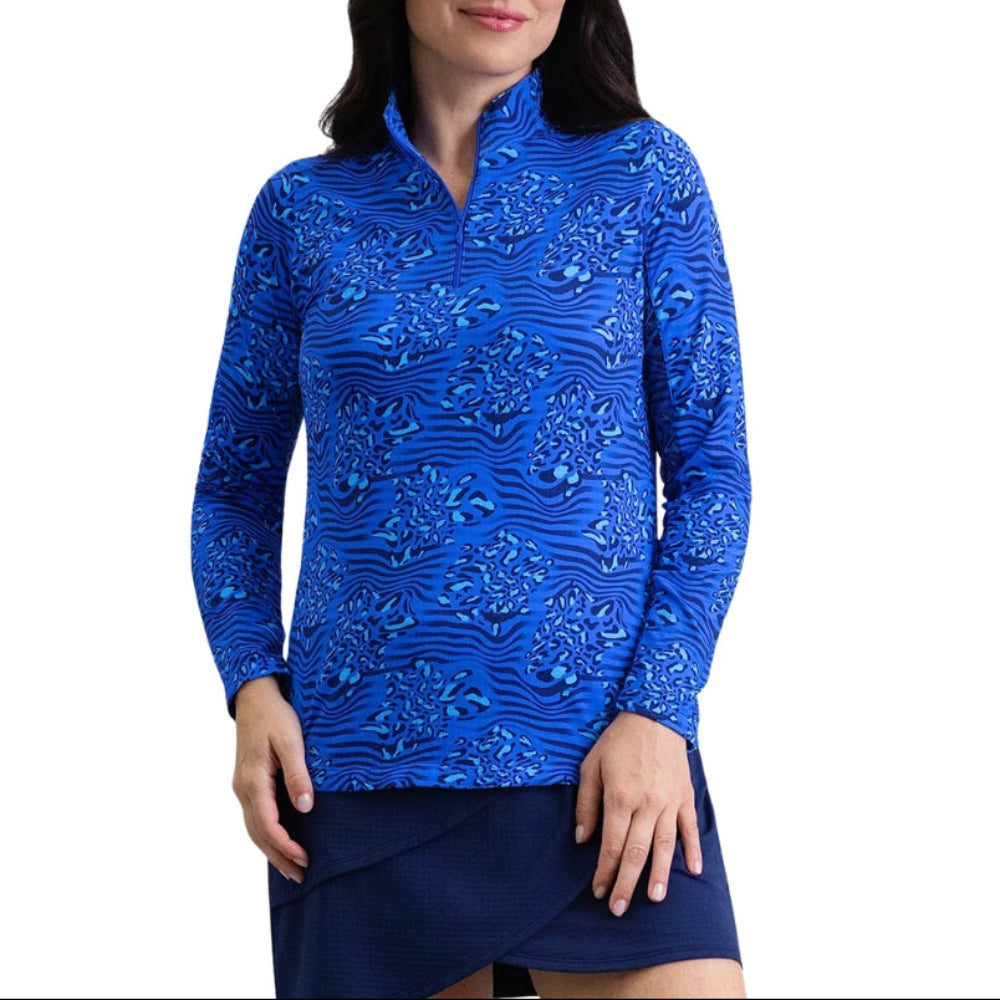 Ibkul Ladies Yun Print Long Sleeve Mock Polo - Blue