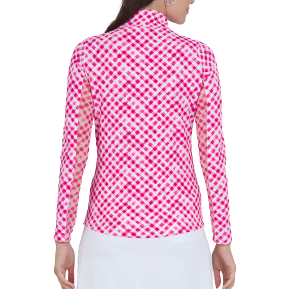 Ibkul Womens Gingham Check Print Long Sleeve Polo -Hot Pink/White