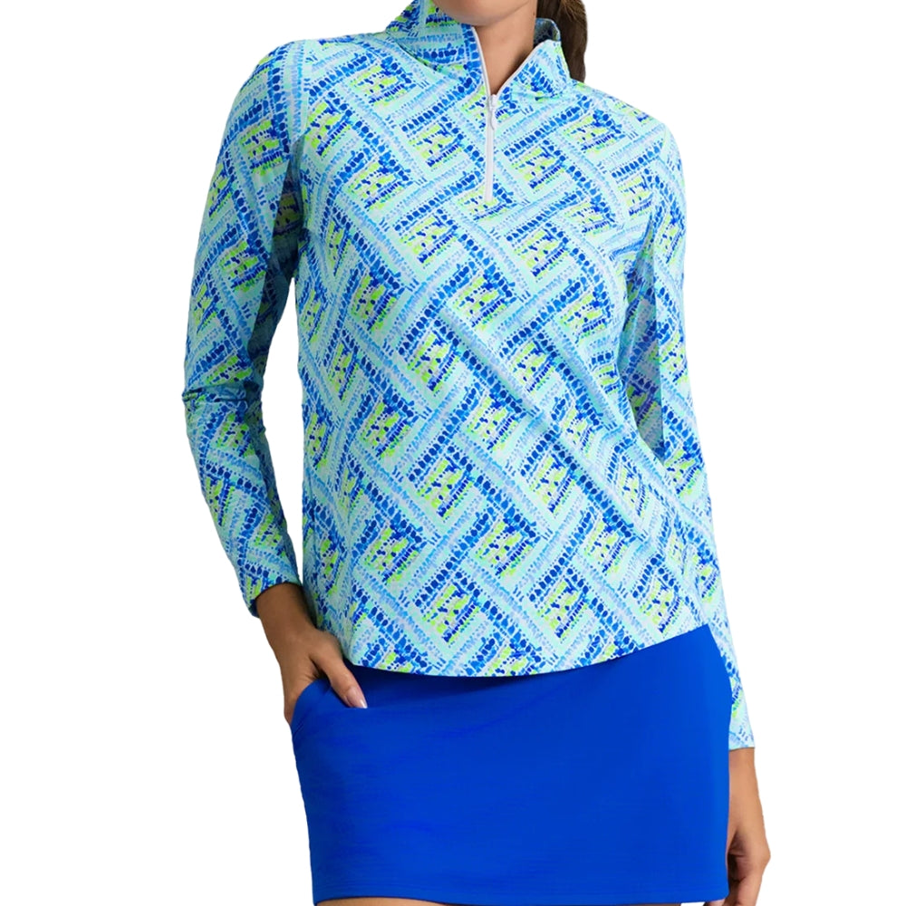 Ibkul Womens Nina Long Sleeve Print Polo - Blue Multi