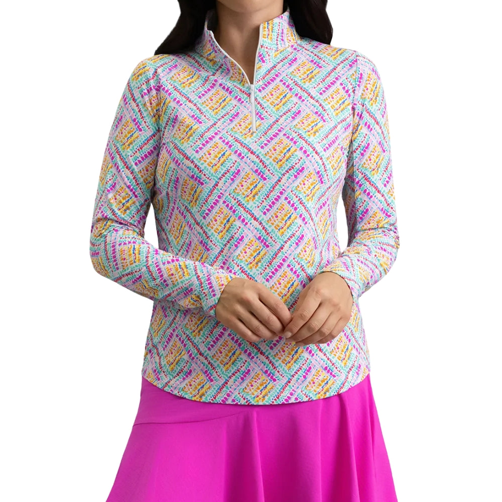 Ibkul Womens Nina Long Sleeve Print Polo - Hot Pink Multi