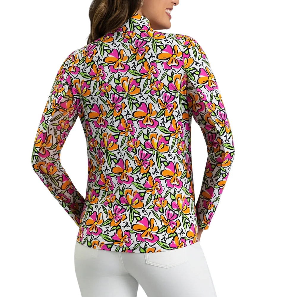 Ibkul Womens Sonia Long Sleeve Print Polo - Hot Pink/Orange