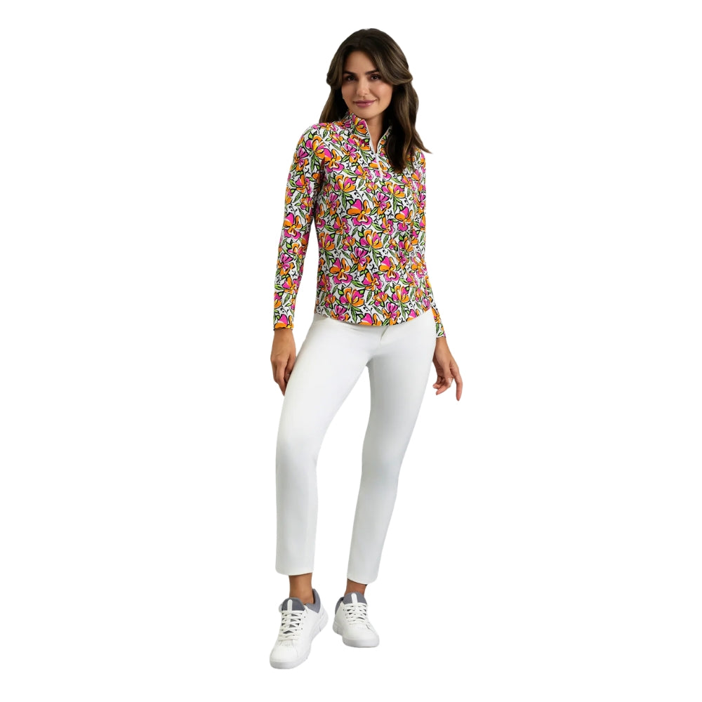 Ibkul Womens Sonia Long Sleeve Print Polo - Hot Pink/Orange