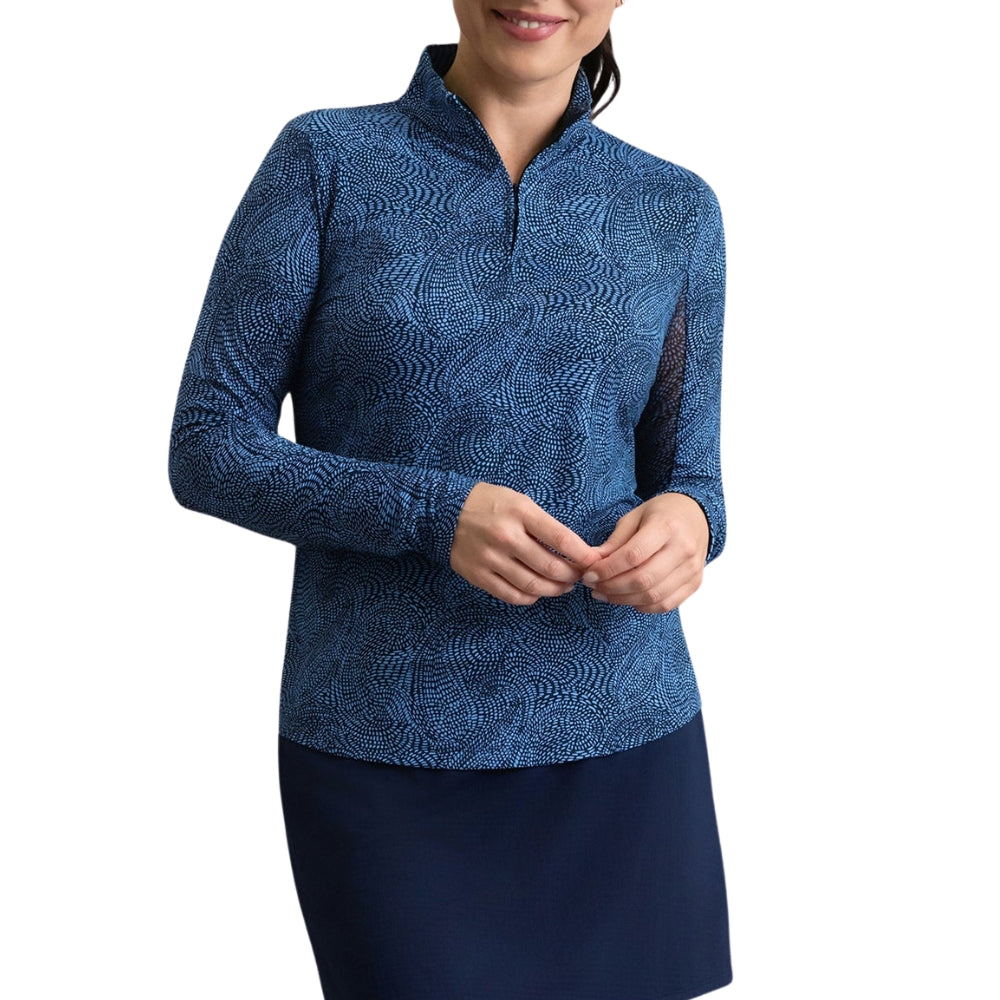 Ibkul Womens Stephanie Long Sleeve Print Polo - Navy/Peri