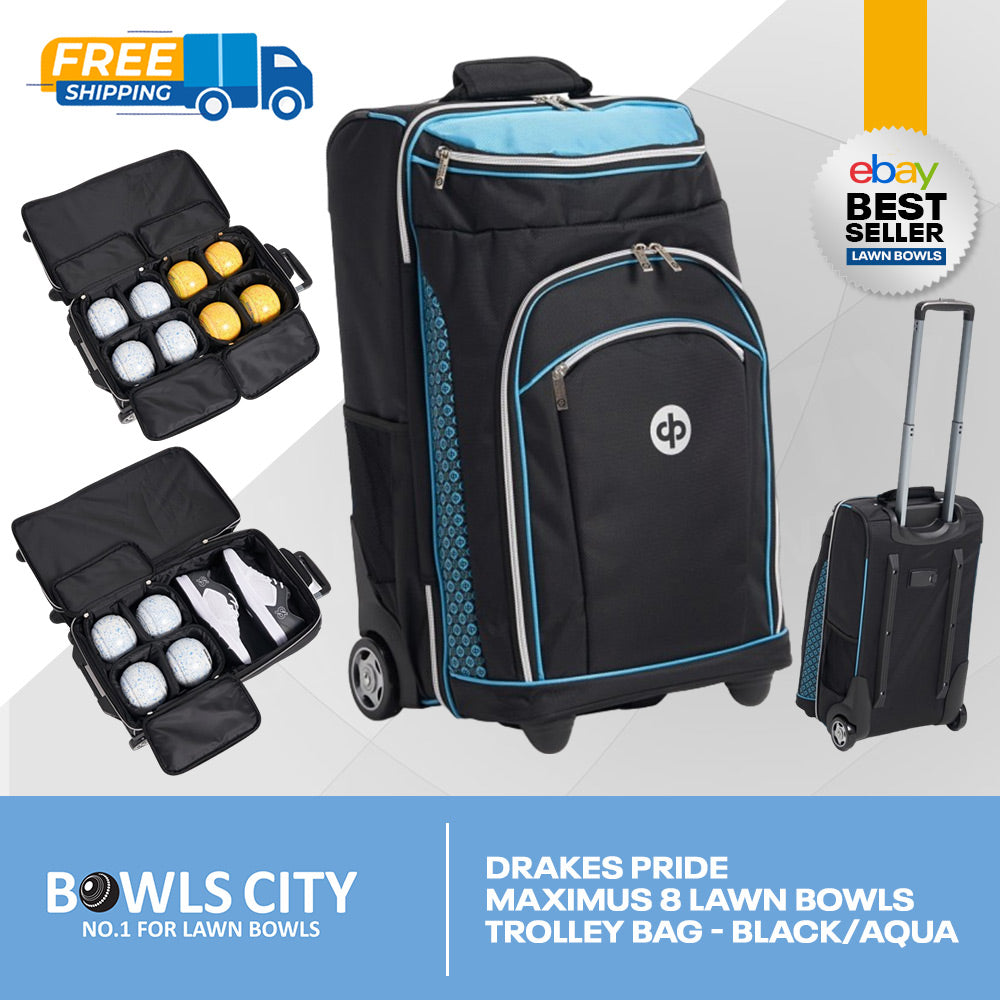 POST INCL. Drakes Pride XL Black/Aqua 8 Trolley Bowls Bag - 4 x 2 bowls carriers