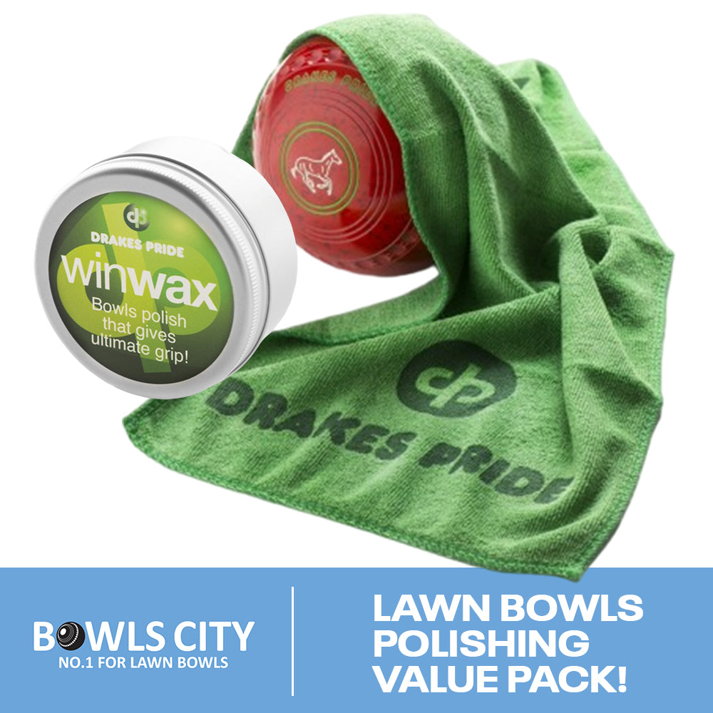 Lawn Bowls Polishing Value Pack -  Drakes Pride Winwax Lawn Bowls Polish/Grip + Drakes Pride Green Microfibre Polishing Cloth