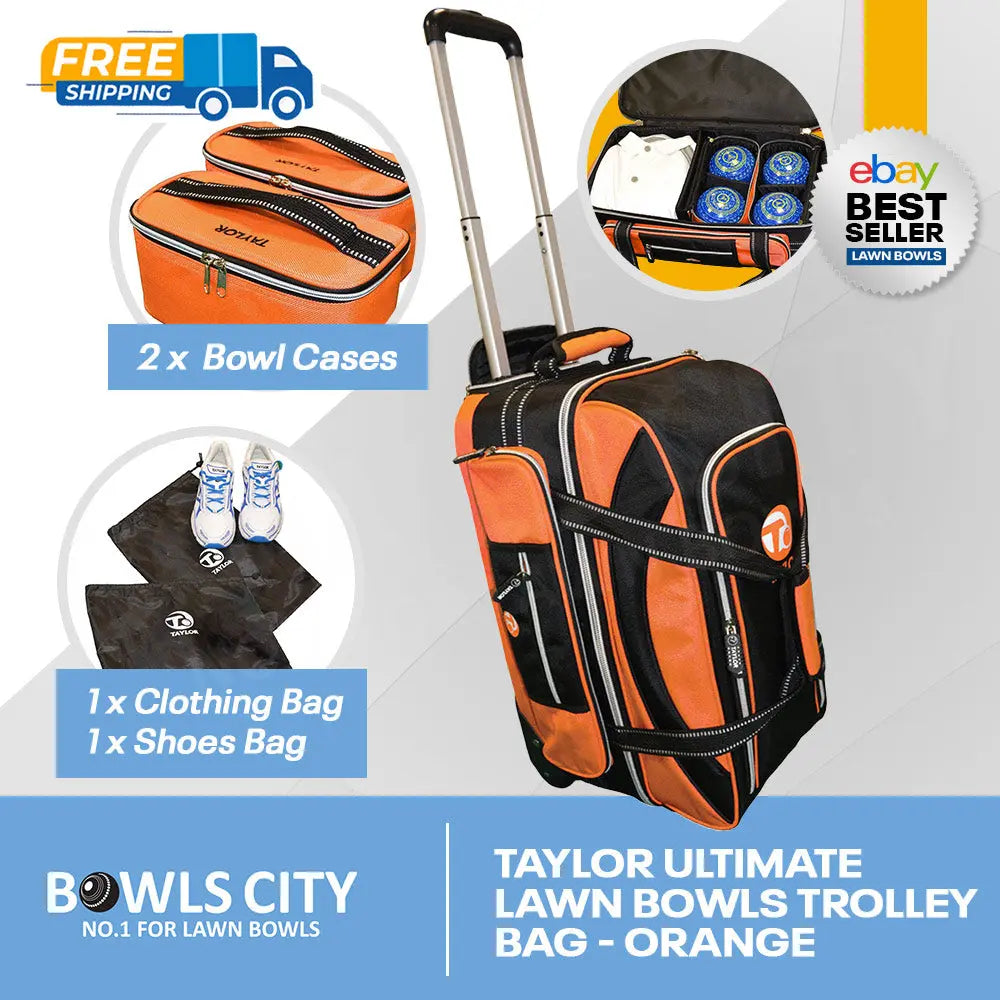 POSTAGE INCL! Taylor Large Size Black/Orange 4 Bowls Bag on wheels - Bowls City